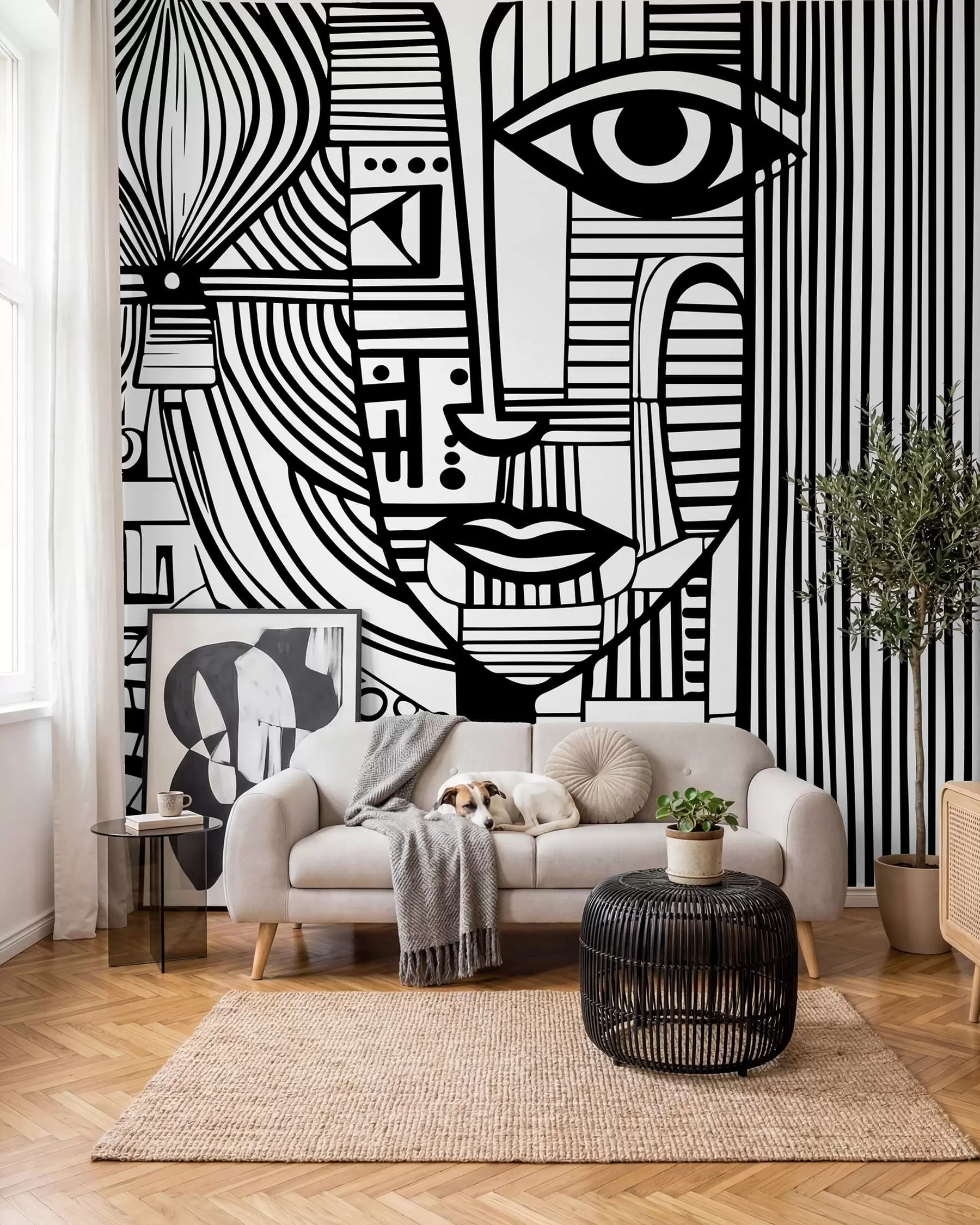 Murale Visage abstrait en noir et blanc u98714