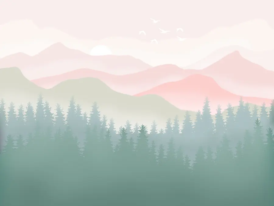 Murale Montagnes brumeuses avec forêt de pins, couleurs naturelles douces, rose et vert u98774