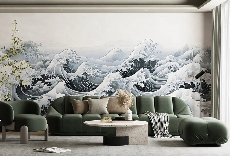 fototapeter Havbølger i japansk stil, havtema, marine, bløde farver u98898