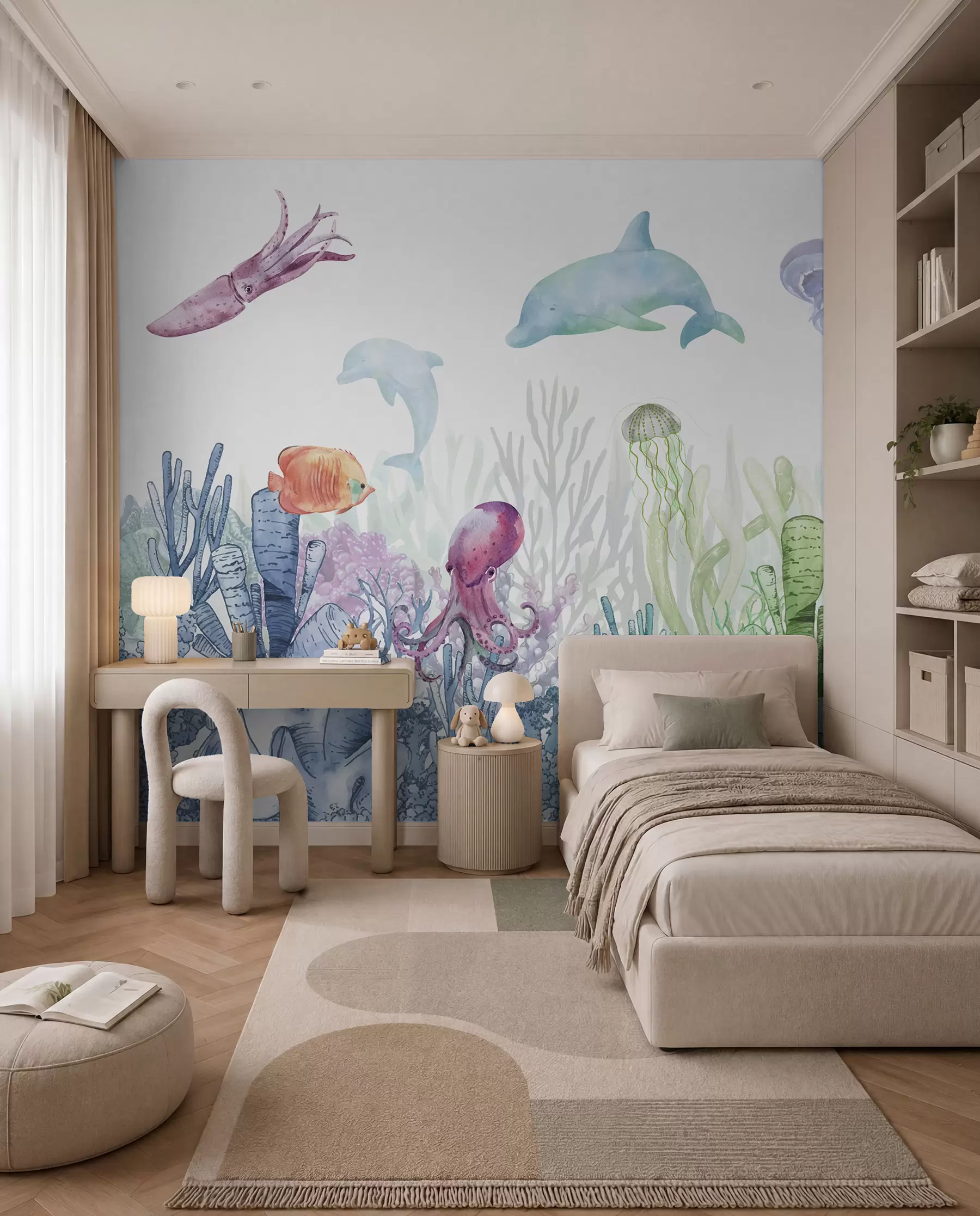 Murale Vie sous-marine, animaux marins, aquarelle, coraux, dauphin, pieuvre u98899