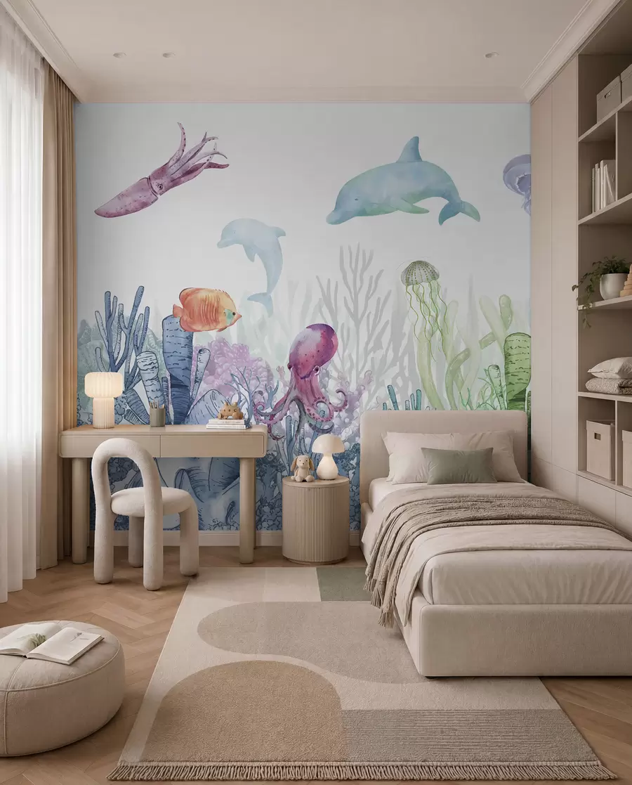 Murale Vie sous-marine, animaux marins, aquarelle, coraux, dauphin, pieuvre u98899