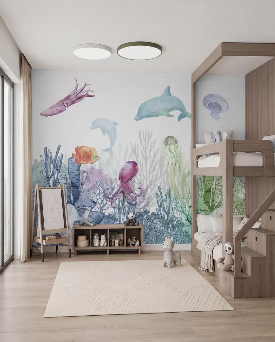 Murale Vie sous-marine, animaux marins, aquarelle, coraux, dauphin, pieuvre u98899