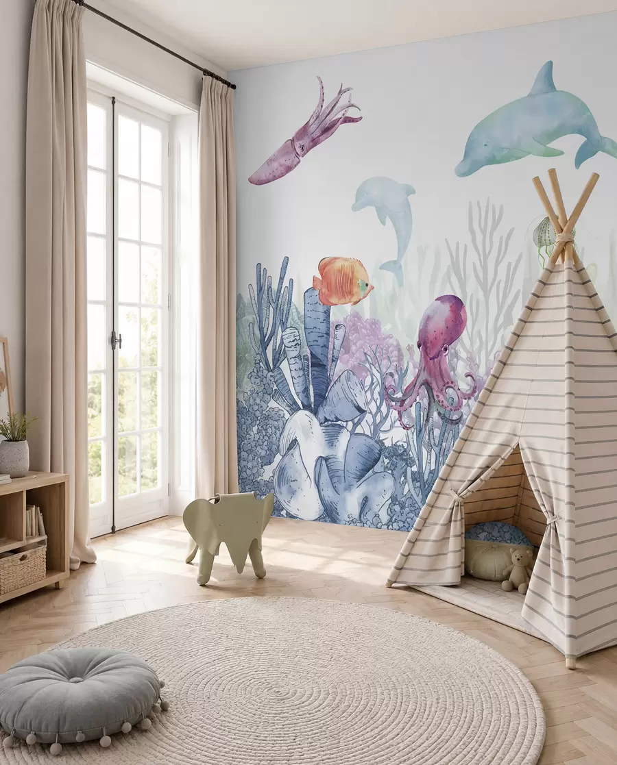 Murale Vie sous-marine, animaux marins, aquarelle, coraux, dauphin, pieuvre u98899