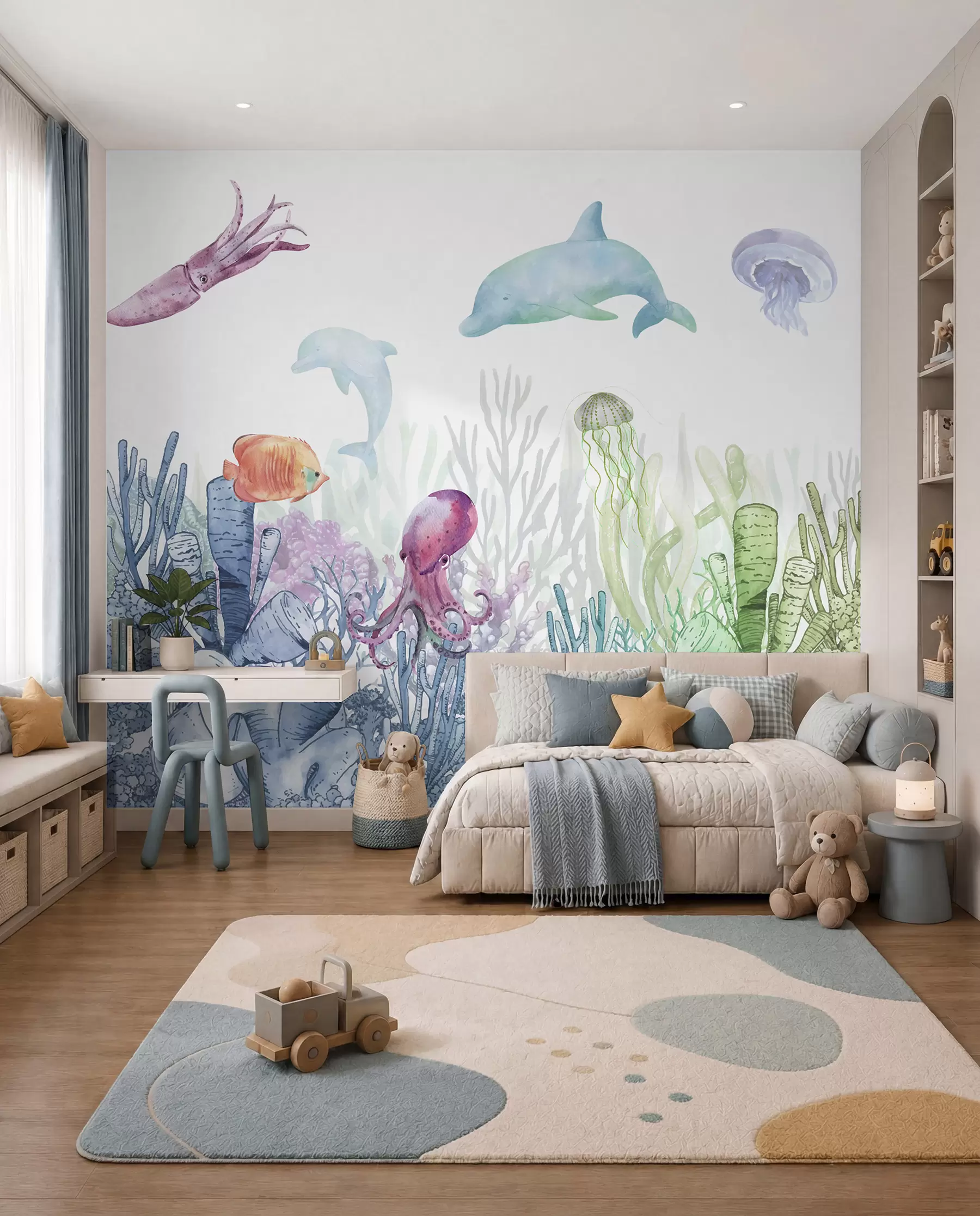 Murale Vie sous-marine, animaux marins, aquarelle, coraux, dauphin, pieuvre u98899