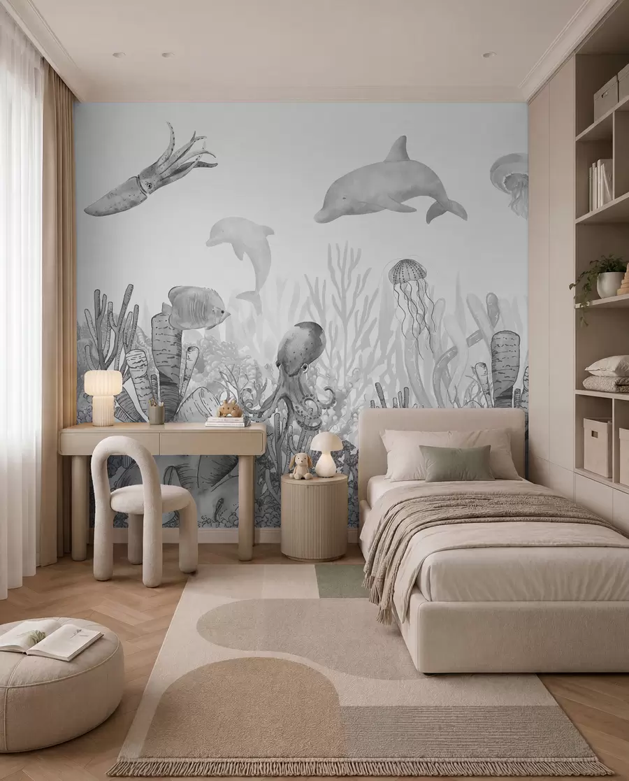 Murale Vie sous-marine, animaux marins, aquarelle couleur grise, coraux, dauphin, pieuvre u98899v1