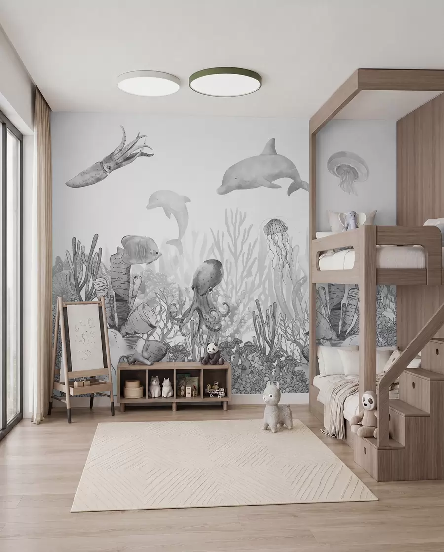Murale Vie sous-marine, animaux marins, aquarelle couleur grise, coraux, dauphin, pieuvre u98899v1
