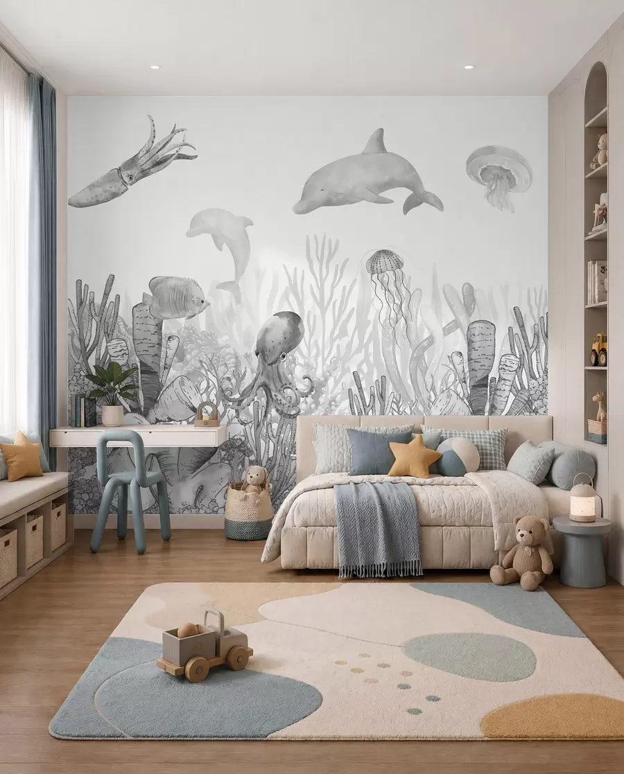 Murale Vie sous-marine, animaux marins, aquarelle couleur grise, coraux, dauphin, pieuvre u98899v1