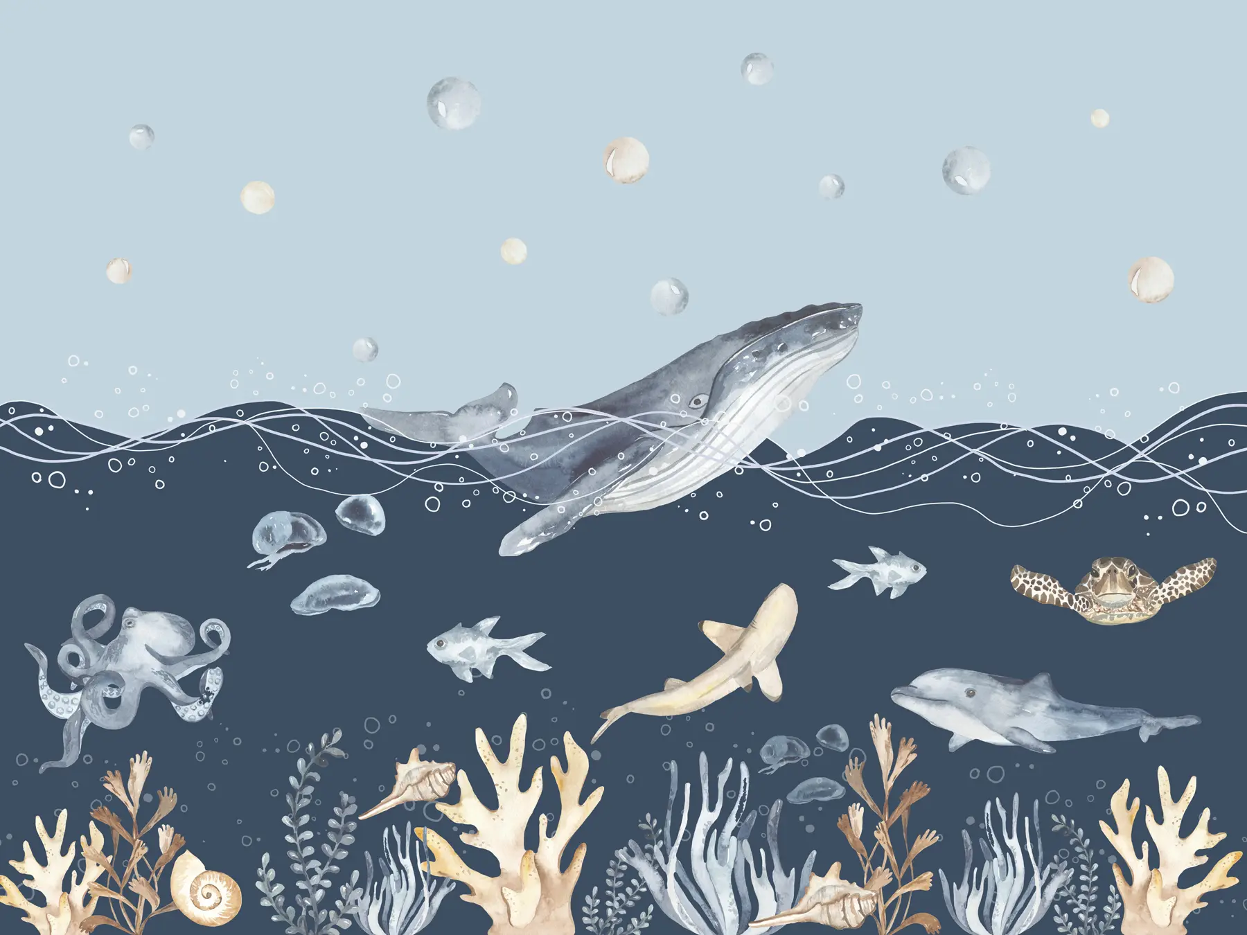 Murale Vie sous-marine, baleine, dauphin, coraux, animaux marins, thème océanique, couleurs pastel u98902