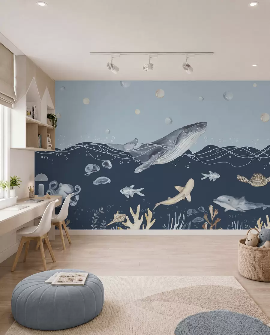 Murale Vie sous-marine, baleine, dauphin, coraux, animaux marins, thème océanique, couleurs pastel u98902