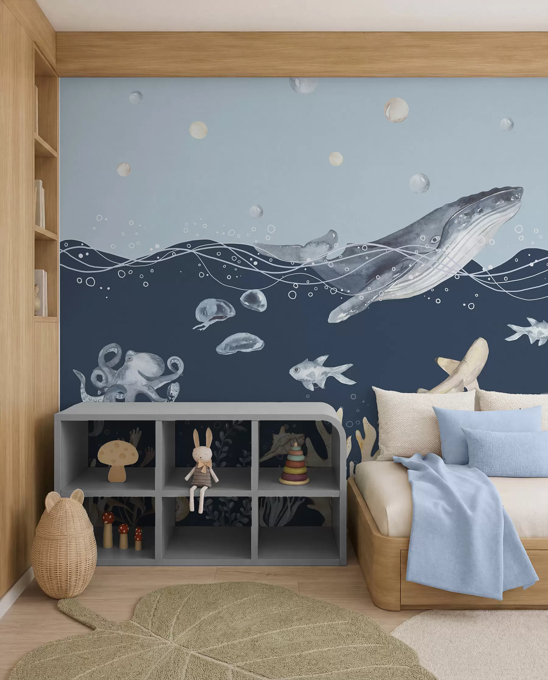 Murale Vie sous-marine, baleine, dauphin, coraux, animaux marins, thème océanique, couleurs pastel u98902