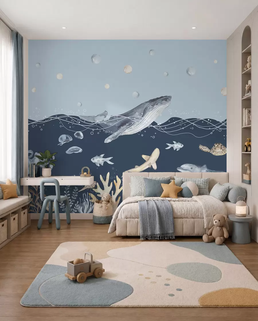 Fototapete Unterwasser Meer Leben, Wal, Delphin, Korallen, Meerestiere, Ozean Thema, Pastellfarben u98902