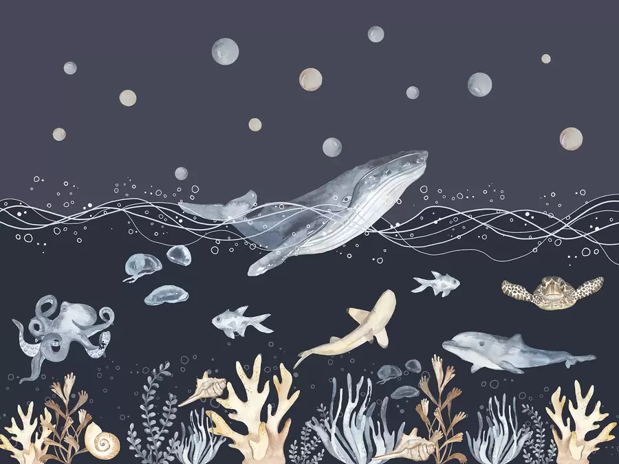 fototapeter Undervandsliv i havet, hval, delfin, koraller, havdyr, beige og blå u98902v1