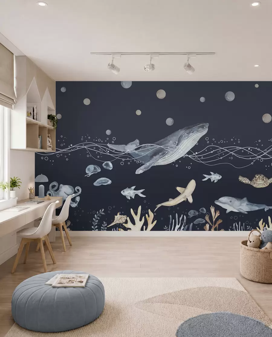 Murale Vie sous-marine, baleine, dauphin, coraux, animaux marins, beige et bleu u98902v1
