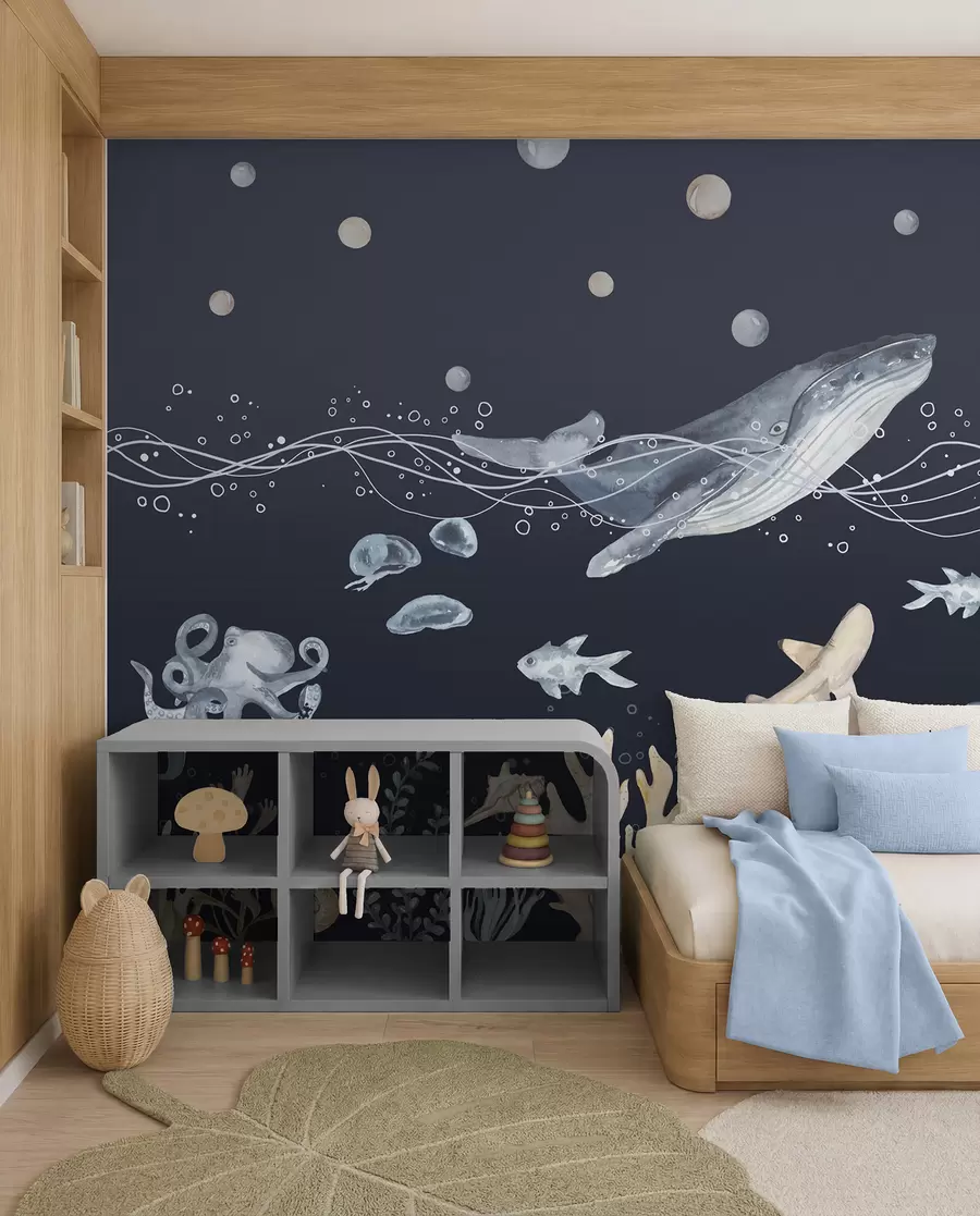 Murale Vie sous-marine, baleine, dauphin, coraux, animaux marins, beige et bleu u98902v1