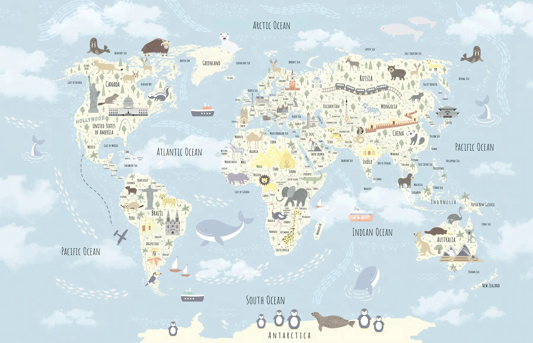 Murale Carte du monde pour enfants avec animaux et points de repère u96587