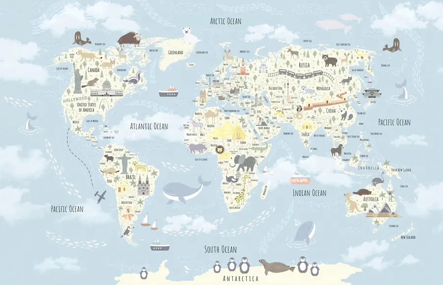 fototapeter Børnenes verdenskort med dyr og landemærker u96587