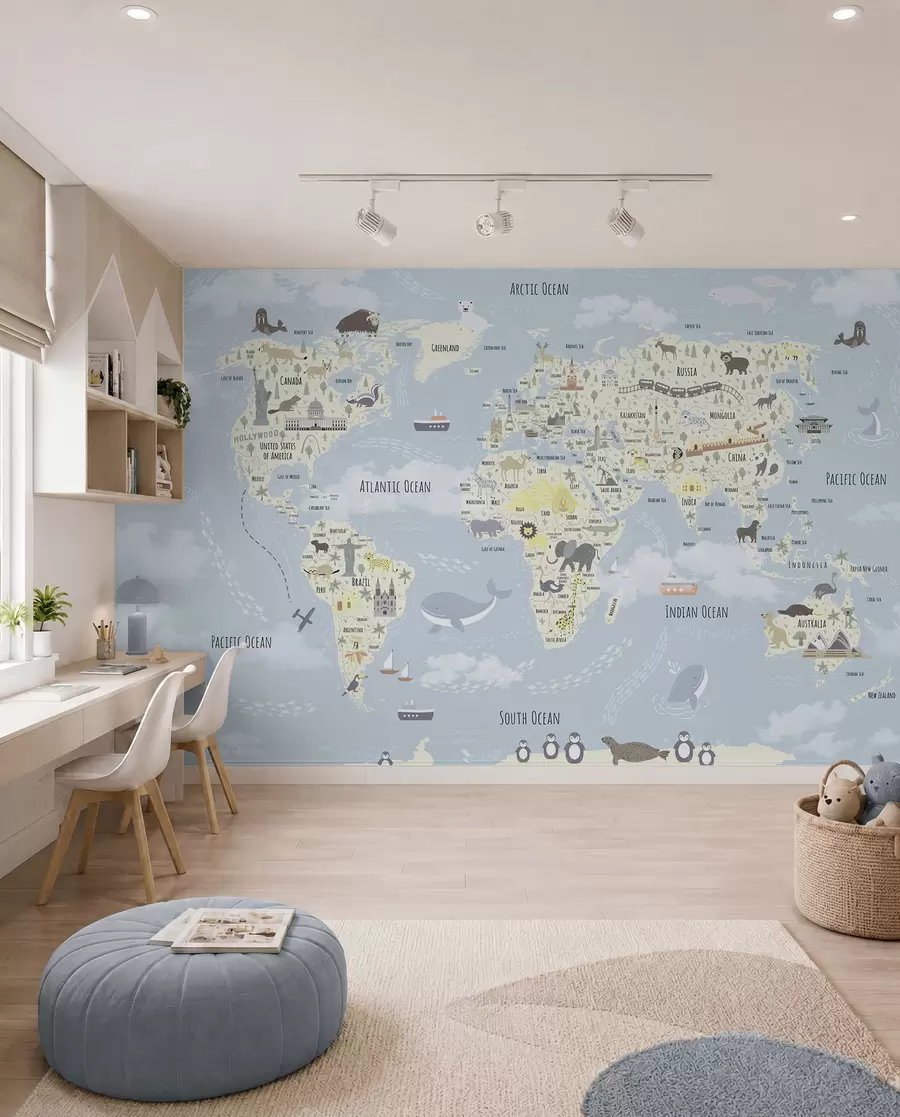 Murale Carte du monde pour enfants avec animaux et points de repère u96587