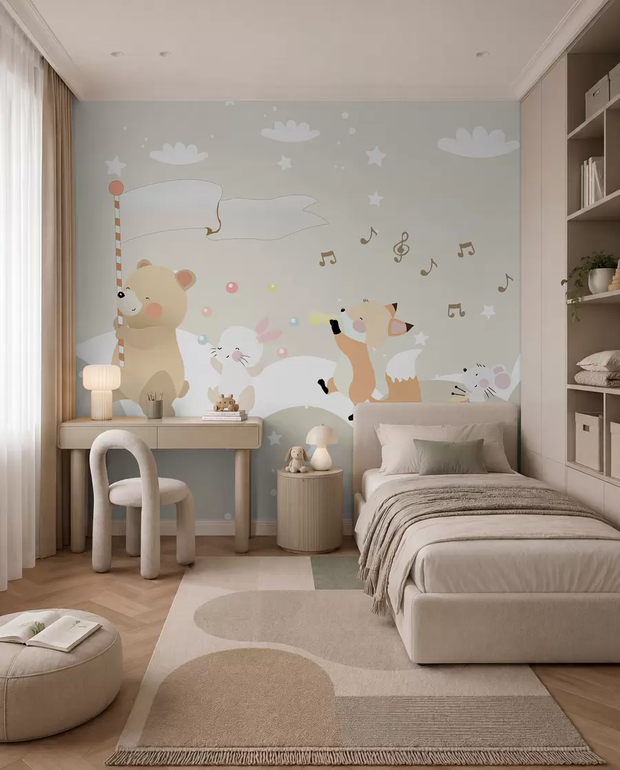 Murale Papier peint pour chambre d'enfant avec des animaux mignons dans des couleurs roses u98969
