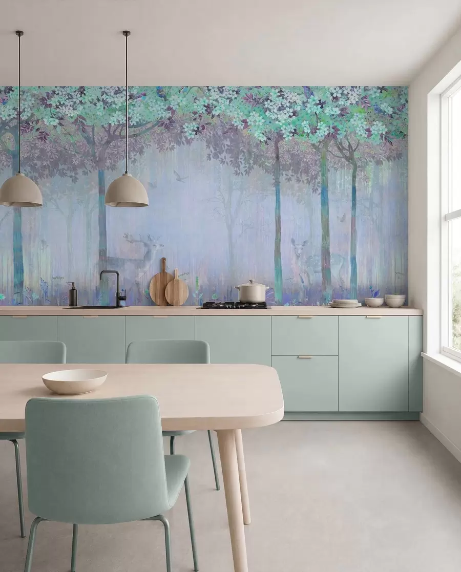 Murale Arbres à fleurs avec de longs troncs, cerfs entre les arbres u62100v1
