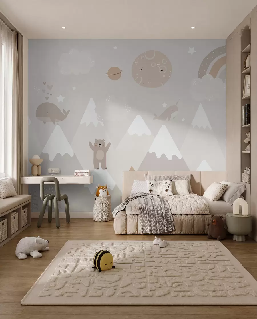 Murale Montagnes avec animaux mignons, nuages et planètes, couleurs beiges u99206