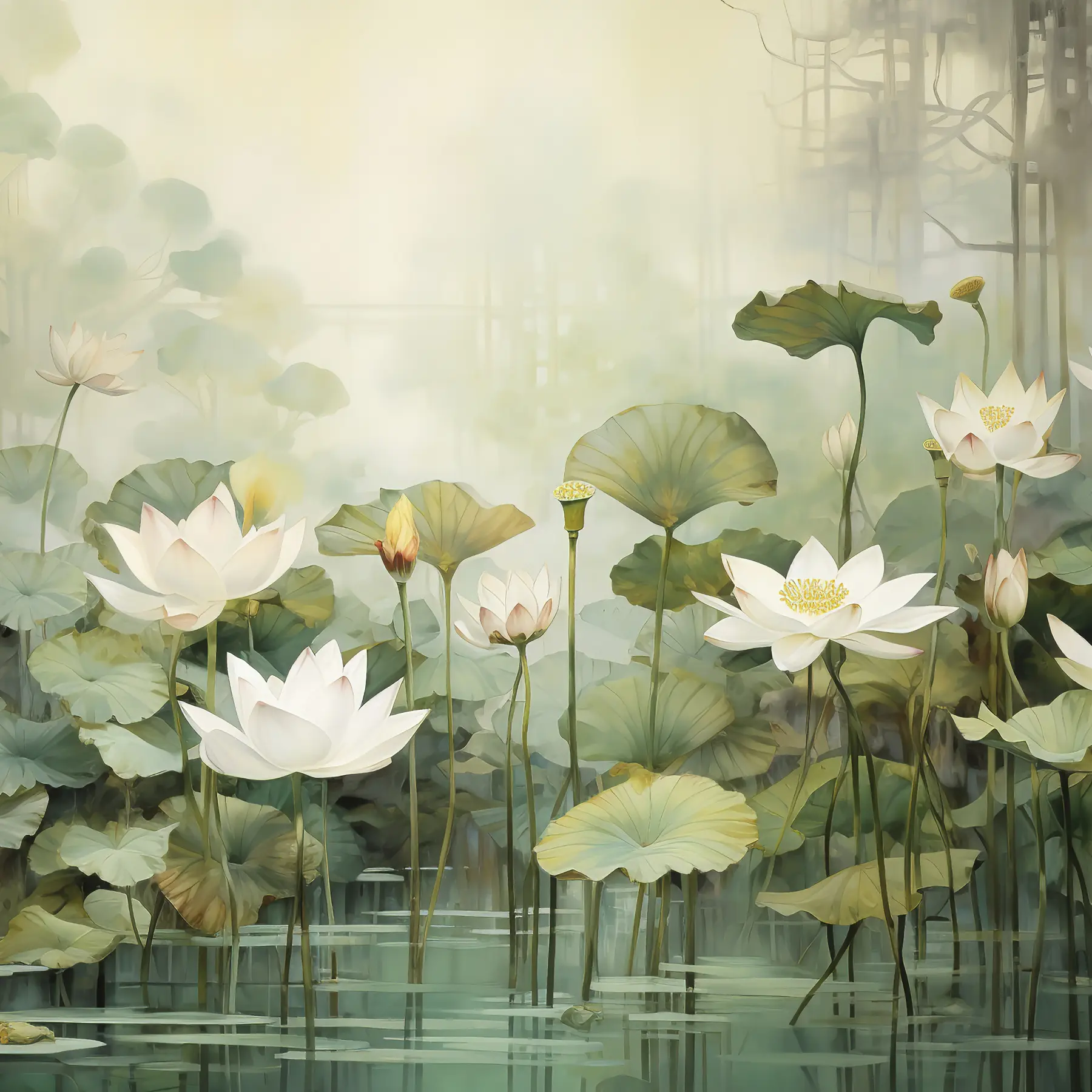 Murale Fleurs de lotus dans le lac, jungle, art tropical, verdure u99454d1