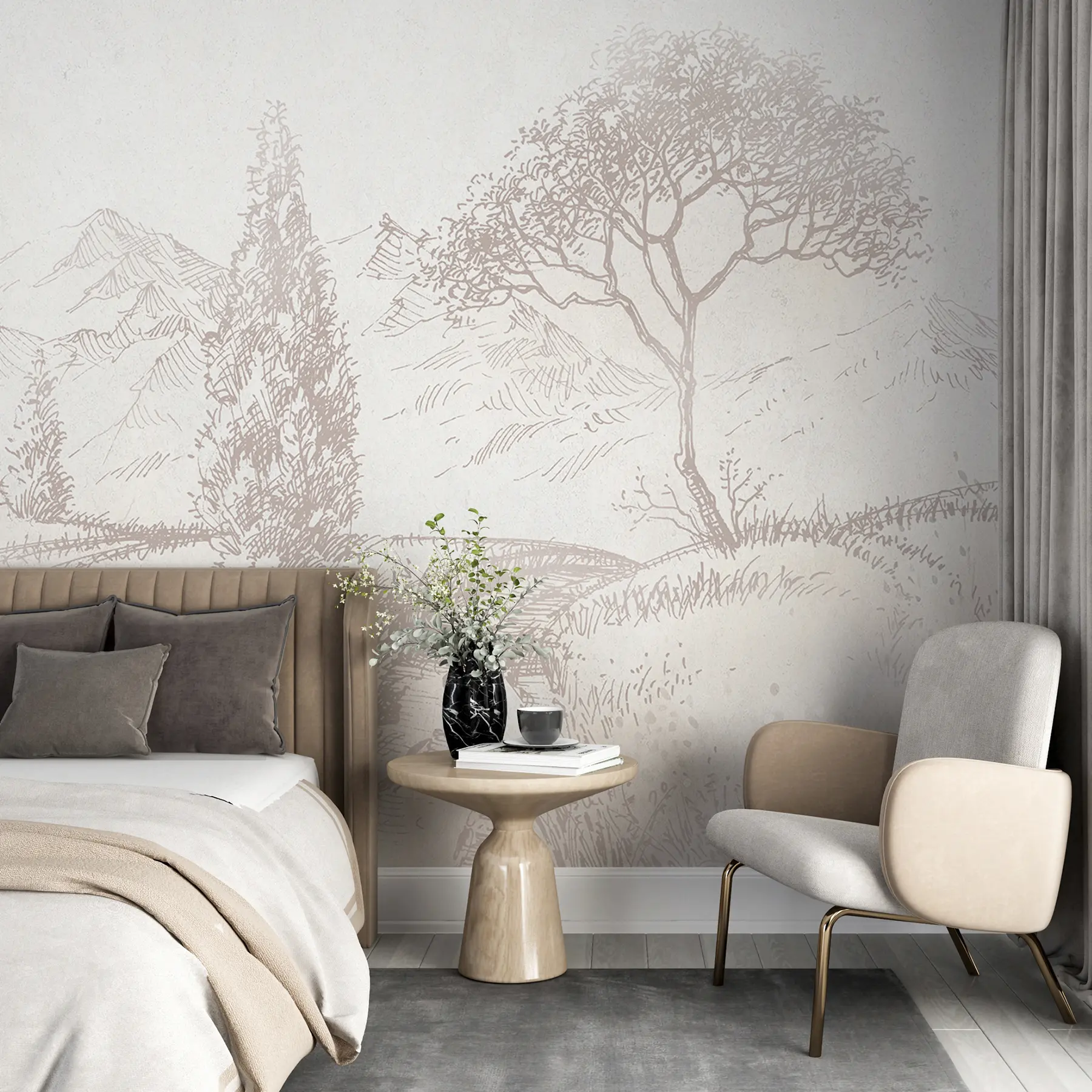 fototapeter Toscana-landskab, træ, mark, minimalisme, naturlige beige farver u99570
