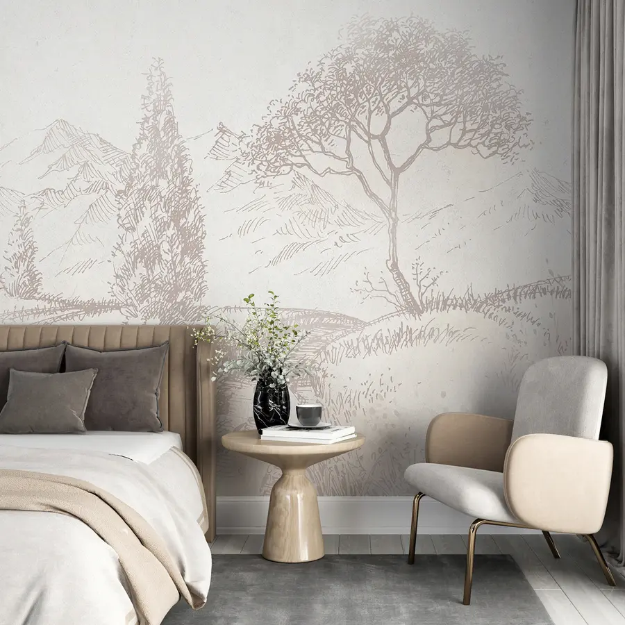 Murale Paysage de Toscane, arbre, champ, minimalisme, couleurs naturelles beiges u99570