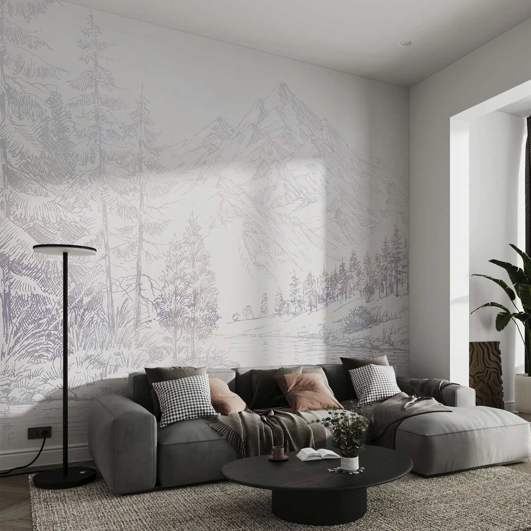 Murale Paysage de montagnes alpines, minimalisme, couleurs violettes u99569v1