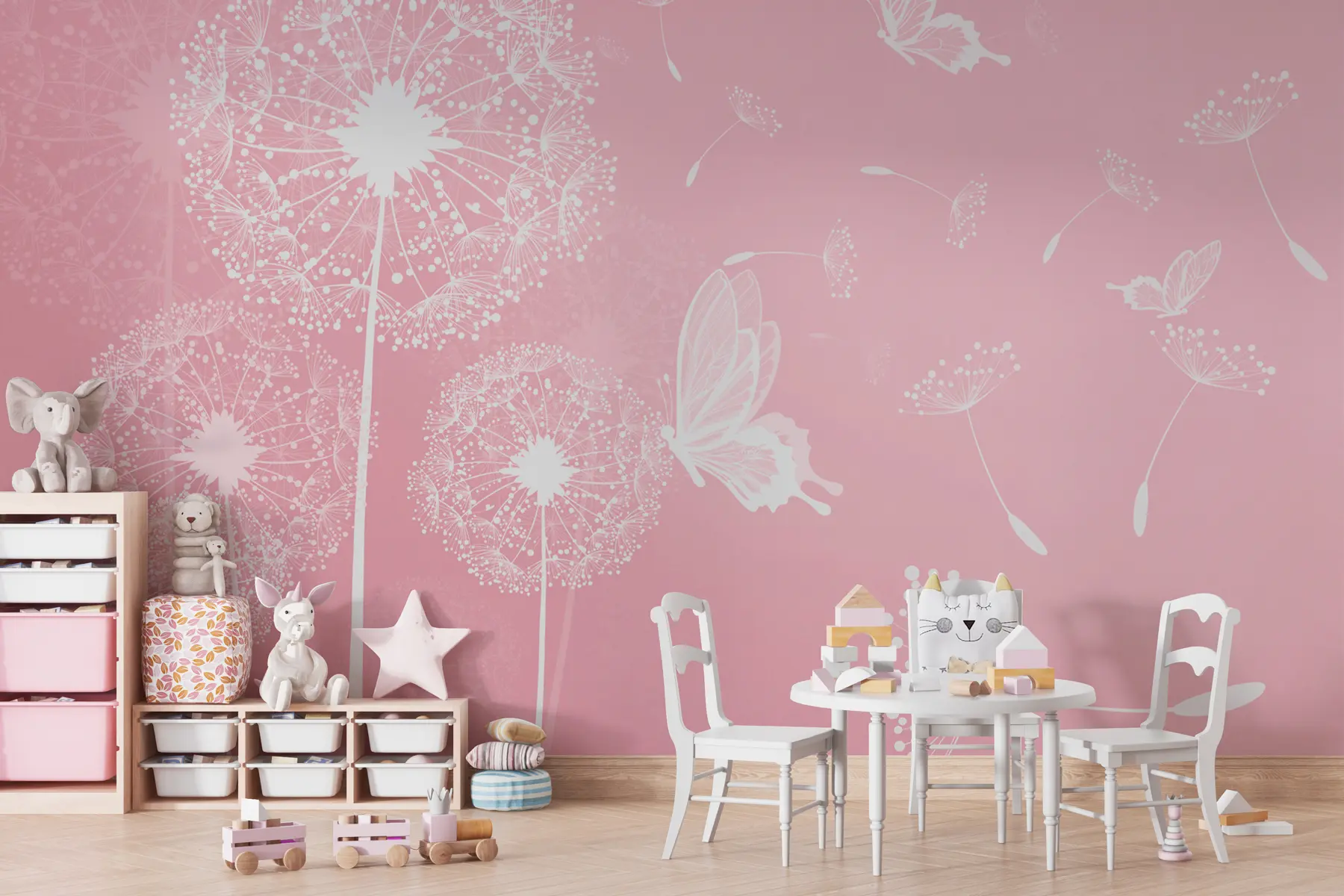 Murale Pissenlits délicats avec papillons roses u99597v3
