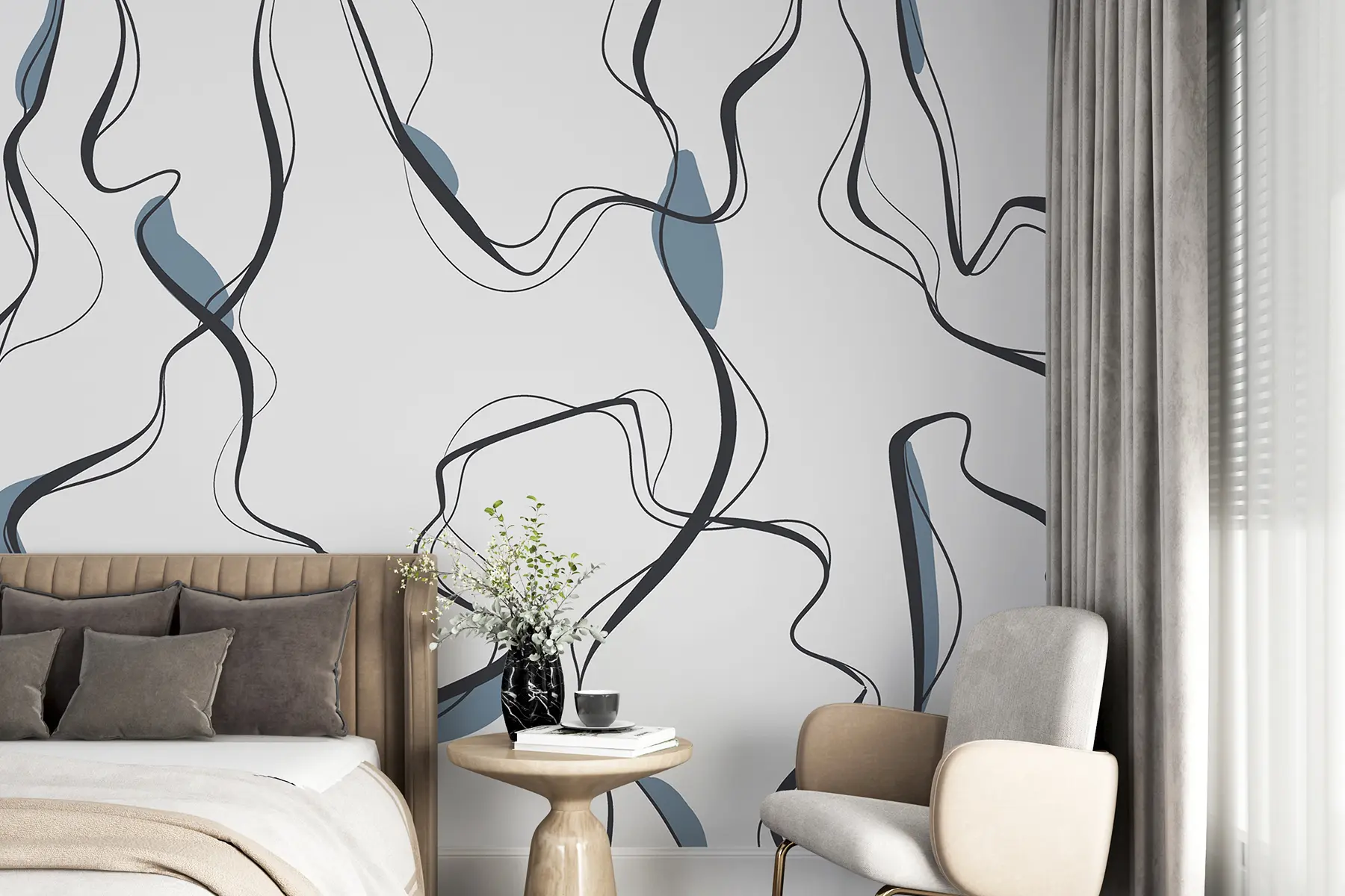 Murale Dessin à l'encre, motif abstrait, lignes géométriques, gris et bleu u99659