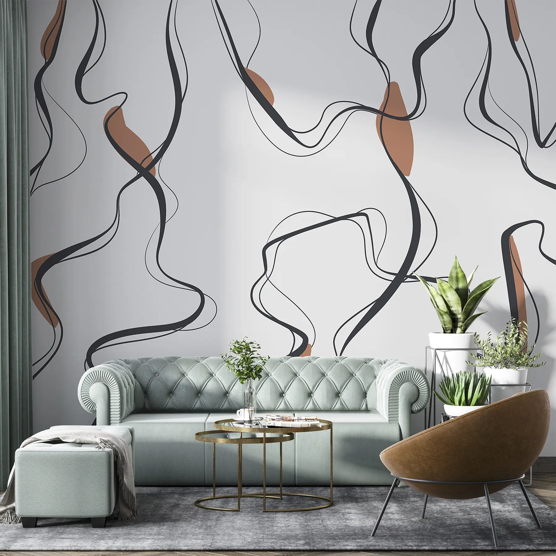 Murale Dessin à l'encre, motif abstrait, lignes géométriques, gris et orange u99659v3