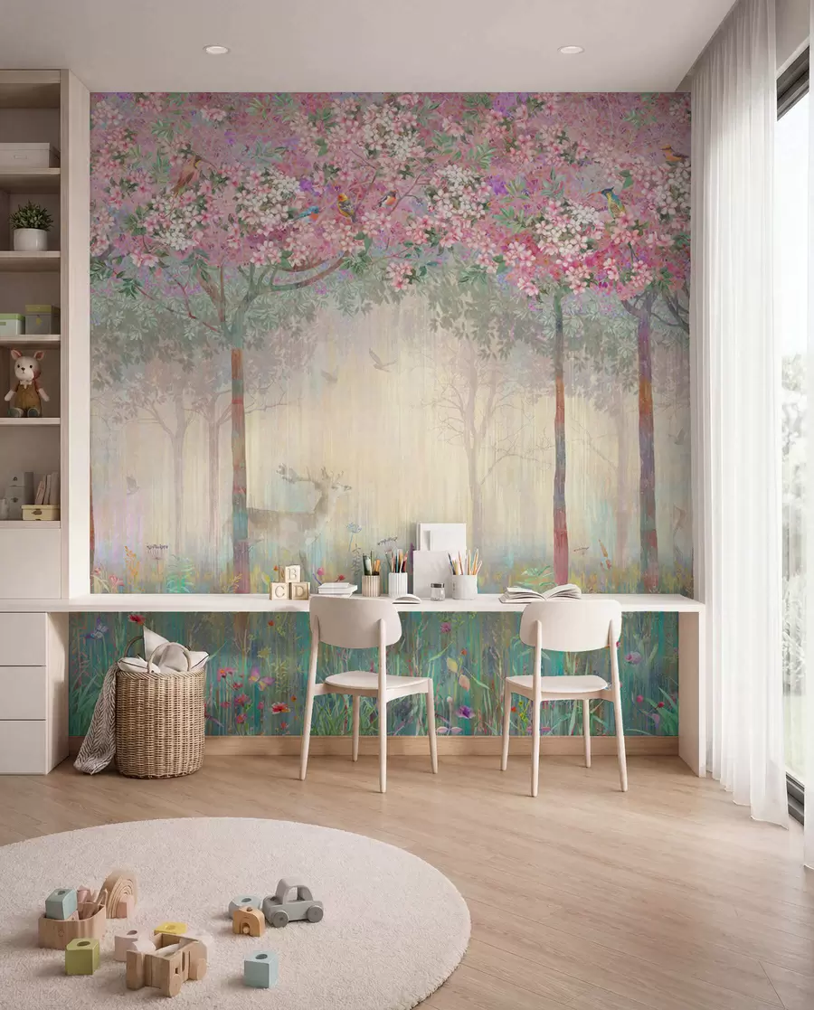 Murale Arbres à fleurs avec de longs troncs, cerfs entre les arbres u62100d2